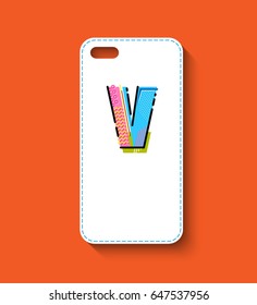 Phone case design. Memphis style geometric letter on white background. Vector illustration.