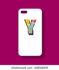 Phone case design. Memphis style geometric letter on white background. Vector illustration.