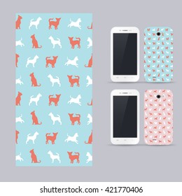 Phone case design. Vector chihuahua small dog pattern. Animals silhouettes seamless background. Chihuahua dog breed. Outlines of pet. Vector illustration.