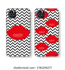 Phone case design. Vogue style. Concept art. Mobile phone cover, red lips on a black white background. Fashionable, modern design. Vector illustration.