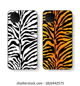 Phone case design. Vogue style. Concept art. Mobile phone cover, with animal print. Zebra stripe. Fashionable, modern design. Vector illustration.