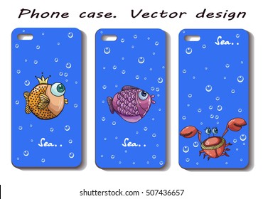 Phone case.Set funny sea life ornament for mobile phone cover. vector