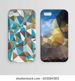 Phone case with geometric mosaic of triangles. Set. Vector illustration