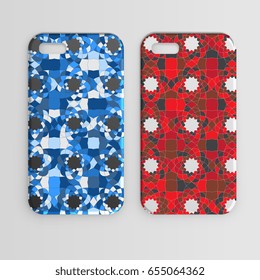 Phone case with geometric mosaic of triangles. Set. Vector illustration