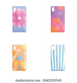 Phone case icons set cartoon vector. Mobile phone case with decorative ornament. Smartphone accessory