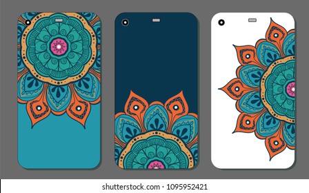Phone case mandala design set. Vintage decorative elements. Hand drawn background. Islam, Arabic, Indian, ottoman motifs