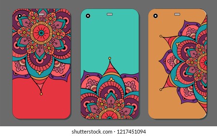 Phone case mandala design set. Vintage decorative elements. Hand drawn background. Islam, Arabic, Indian, ottoman motifs