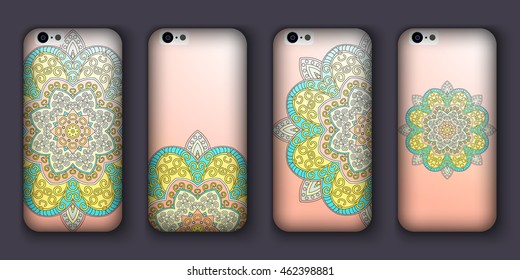 Phone case mandala design set. Vintage decorative elements. Hand drawn background. Islam, Arabic, Indian, ottoman motifs.