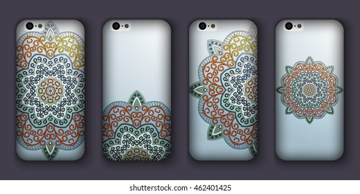 Phone case mandala design set. Vintage decorative elements. Hand drawn background. Islam, Arabic, Indian, ottoman motifs.