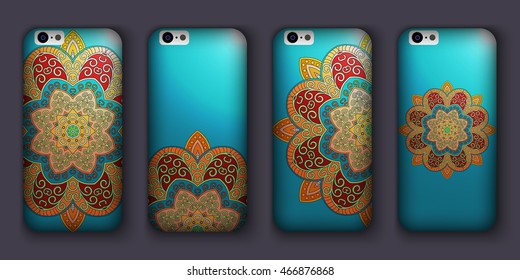 Phone case mandala design set. Vintage decorative elements. Hand drawn background. Islam, Arabic, Indian, ottoman motifs.