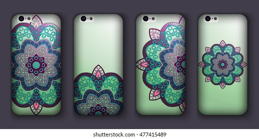 Phone case mandala design set. Vintage decorative elements. Hand drawn background. Islam, Arabic, Indian, ottoman motifs.