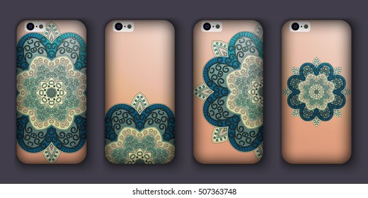 Phone case mandala design set. Vintage decorative elements. Hand drawn background. Islam, Arabic, Indian, ottoman motifs