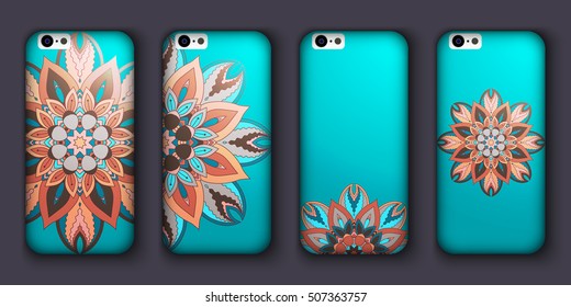 Phone case mandala design set. Vintage decorative elements. Hand drawn background. Islam, Arabic, Indian, ottoman motifs