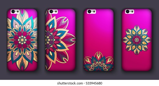 Phone case mandala design set. Vintage decorative elements. Hand drawn background. Islam, Arabic, Indian, ottoman motifs