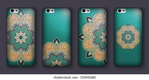 Phone case mandala design set. Vintage decorative elements. Hand drawn background. Islam, Arabic, Indian, ottoman motifs