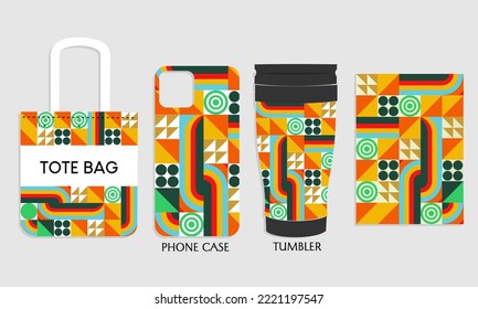 phone case mockup design, tote bag, tumbler with abstract bauhaus pattern. design for branding, product advertising, shopping