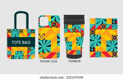 phone case mockup design, tote bag, tumbler with abstract bauhaus pattern. design for branding, product advertising, shopping