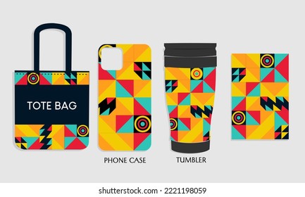 phone case mockup design, tote bag, tumbler with abstract bauhaus pattern. design for branding, product advertising, shopping