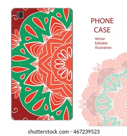 Phone case mockup with mandala in vector. Editable template for your design