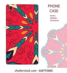 Phone case mockup with mandala in vector. Editable template for your design