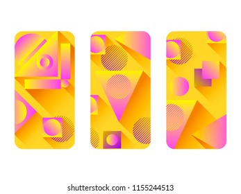 Phone case mockup. Memphis pattern background. Gradients geometric shape style of the 80s. Smartphone cases set. Vector illustration