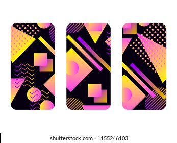 Phone case mockup. Memphis pattern background. Gradients geometric shape style of the 80s. Smartphone cases set. Vector illustration