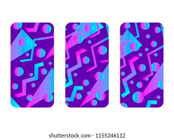 Phone case mockup. Memphis pattern background. Gradients geometric shape style of the 80s. Smartphone cases set. Vector illustration