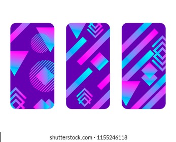 Phone case mockup. Memphis pattern background. Gradients geometric shape style of the 80s. Smartphone cases set. Vector illustration