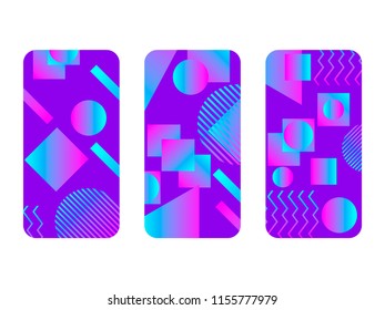 Phone case mockup. Memphis pattern background. Gradients geometric shape style of the 80s. Smartphone cases set. Vector illustration