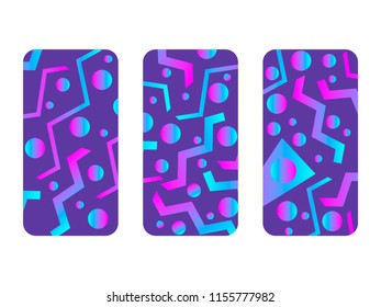 Phone case mockup. Memphis pattern background. Gradients geometric shape style of the 80s. Smartphone cases set. Vector illustration