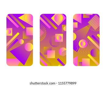 Phone case mockup. Memphis pattern background. Gradients geometric shape style of the 80s. Smartphone cases set. Vector illustration