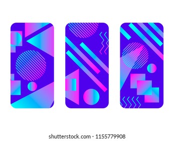 Phone case mockup. Memphis pattern background. Gradients geometric shape style of the 80s. Smartphone cases set. Vector illustration