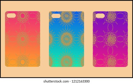 Phone case mockup. Memphis pattern background. Gradients geometric shape style. Smartphone cases set. Vector illustration