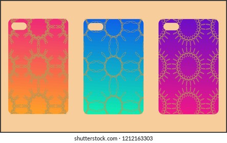 Phone case mockup. Memphis pattern background. Gradients geometric shape style. Smartphone cases set. Vector illustration