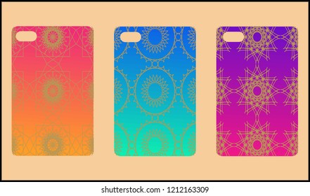 Phone case mockup. Memphis pattern background. Gradients geometric shape style. Smartphone cases set. Vector illustration