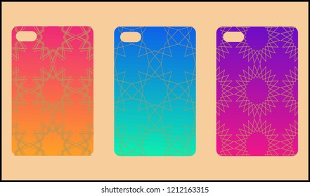 Phone case mockup. Memphis pattern background. Gradients geometric shape style. Smartphone cases set. Vector illustration