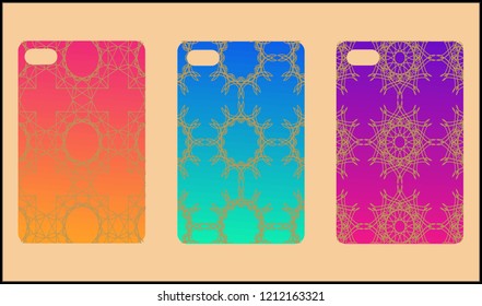 Phone case mockup. Memphis pattern background. Gradients geometric shape style. Smartphone cases set. Vector illustration