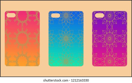 Phone case mockup. Memphis pattern background. Gradients geometric shape style. Smartphone cases set. Vector illustration