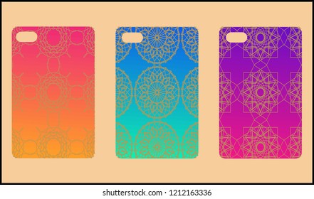 Phone case mockup. Memphis pattern background. Gradients geometric shape style. Smartphone cases set. Vector illustration