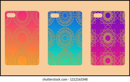 Phone case mockup. Memphis pattern background. Gradients geometric shape style. Smartphone cases set. Vector illustration