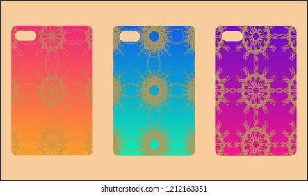 Phone case mockup. Memphis pattern background. Gradients geometric shape style. Smartphone cases set. Vector illustration