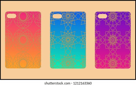 Phone case mockup. Memphis pattern background. Gradients geometric shape style. Smartphone cases set. Vector illustration