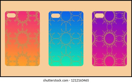 Phone case mockup. Memphis pattern background. Gradients geometric shape style. Smartphone cases set. Vector illustration