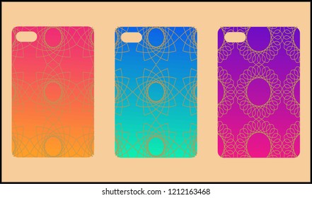 Phone case mockup. Memphis pattern background. Gradients geometric shape style. Smartphone cases set. Vector illustration