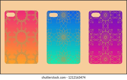 Phone case mockup. Memphis pattern background. Gradients geometric shape style. Smartphone cases set. Vector illustration