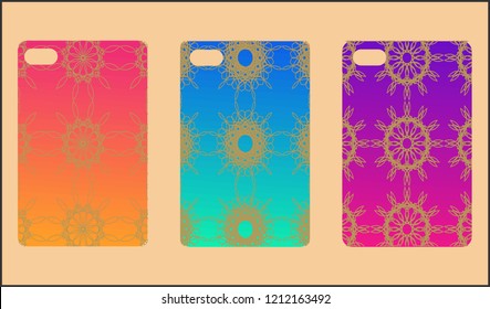 Phone case mockup. Memphis pattern background. Gradients geometric shape style. Smartphone cases set. Vector illustration