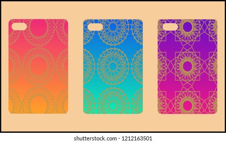 Phone case mockup. Memphis pattern background. Gradients geometric shape style. Smartphone cases set. Vector illustration