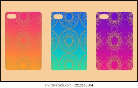 Phone case mockup. Memphis pattern background. Gradients geometric shape style. Smartphone cases set. Vector illustration