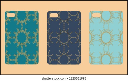 Phone case mockup. Memphis pattern background. Gradients geometric shape style. Smartphone cases set. Vector illustration