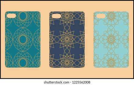 Phone case mockup. Memphis pattern background. Gradients geometric shape style. Smartphone cases set. Vector illustration